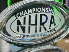 NHRA National Hot Rod Association  Crystal Glass Etched Oval Paper Weight Desk