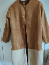 ZARA Camel Tan Longline Faux Suede Shearling Plush Fur Trim Duster Coat Size S