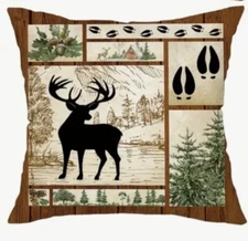 Deer Stag Mountain Rustic Lake Lodge Cabin Hunting Throw Pillow Cover Man Cave