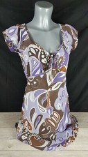 MEXX Summer Dress Ladies Purple Brown Chiffon Frill Sleeve UK 10 Small