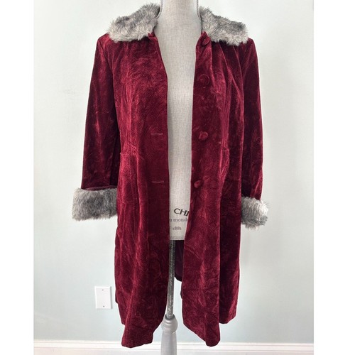 90s Vintage Red Velvet Coat with Faux Fur Trim Elegant Winter Style Girls 14/16 - Picture 5 of 11