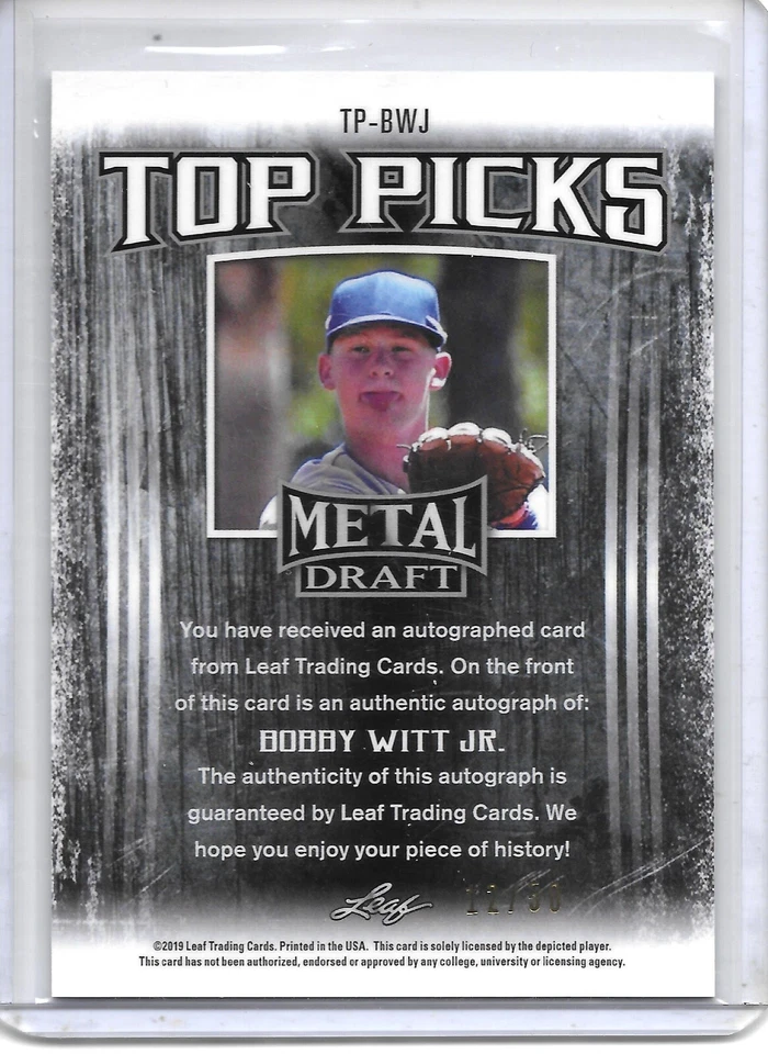 2019 Leaf Metal BOBBY WITT JR TOP PICKS SILVER PRISMATIC AUTO RC /50 ROYALS! - Image 2 of 2