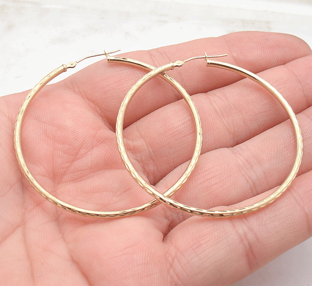2mm X 50mm 2" Diamond Cut Hoop Earrings REAL 14K Yellow Gold FREE