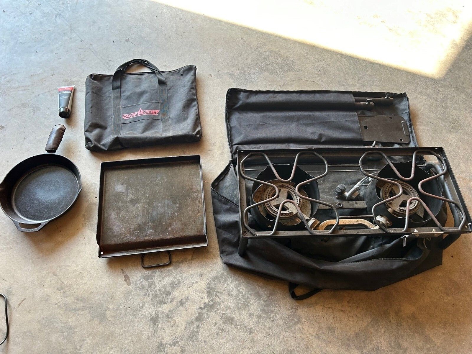 Camp Chef Explorer 2 Burner Propane Cooking Stove w/ Cast Iron Skillet