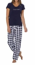 Calvin Klein Womens Short Sleeve Scoop Neck and Fleece Pajama Pant Set Navy