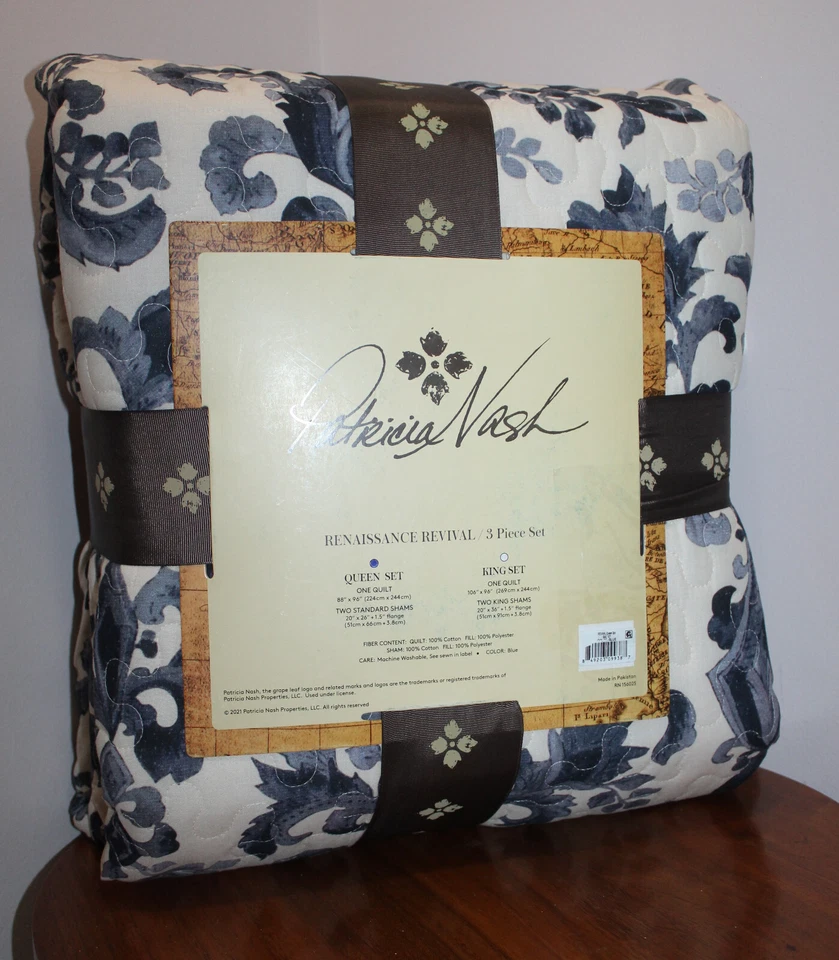PATRICIA NASH RENAISSANCE REVIVAL QUILT SET w/ 2 SHAMS BLUE & CREAM QUEEN SIZE - Image 4 of 4