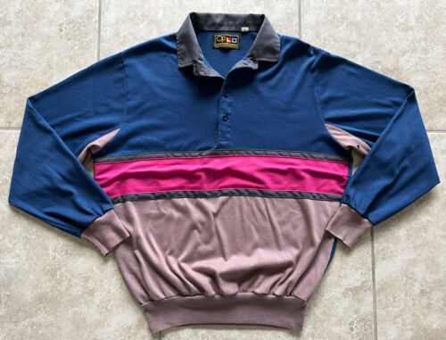 Vintage 70’s Ocean Pacific Sunwear Long Sleeve Polo Shirt L Stripe Pink Navy - Picture 1 of 9