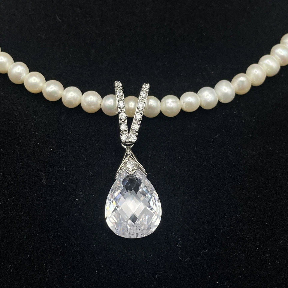 "Collar gargantilla colgante de perlas Diamonique de plata esterlina ESPO Esposito máximo 16""" Foto 2 de 4