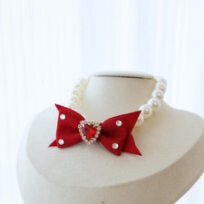 Dog Collar Retro Bow Cute Love Rhinestone Decoration Pet Pearl Necklace Kitten
