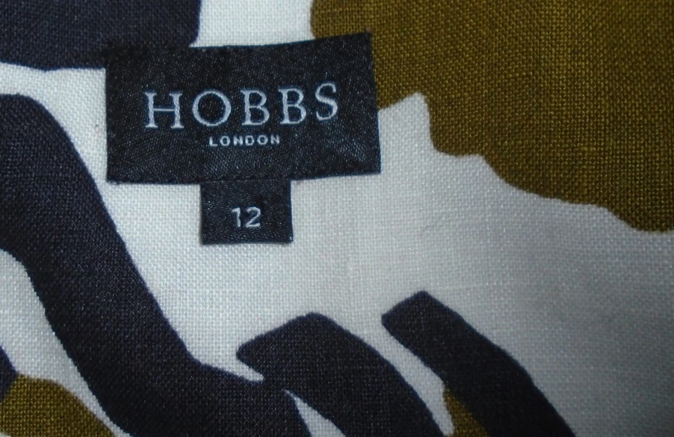 Falda Hobbs Parkin marrón marino amarillo blanco estampado 100% lino talla 12 en muy buena condición Foto 2 de 4