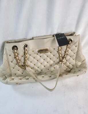 Claudia Firenze Womens Handbag Large White Leather Quilted Studded Zipper