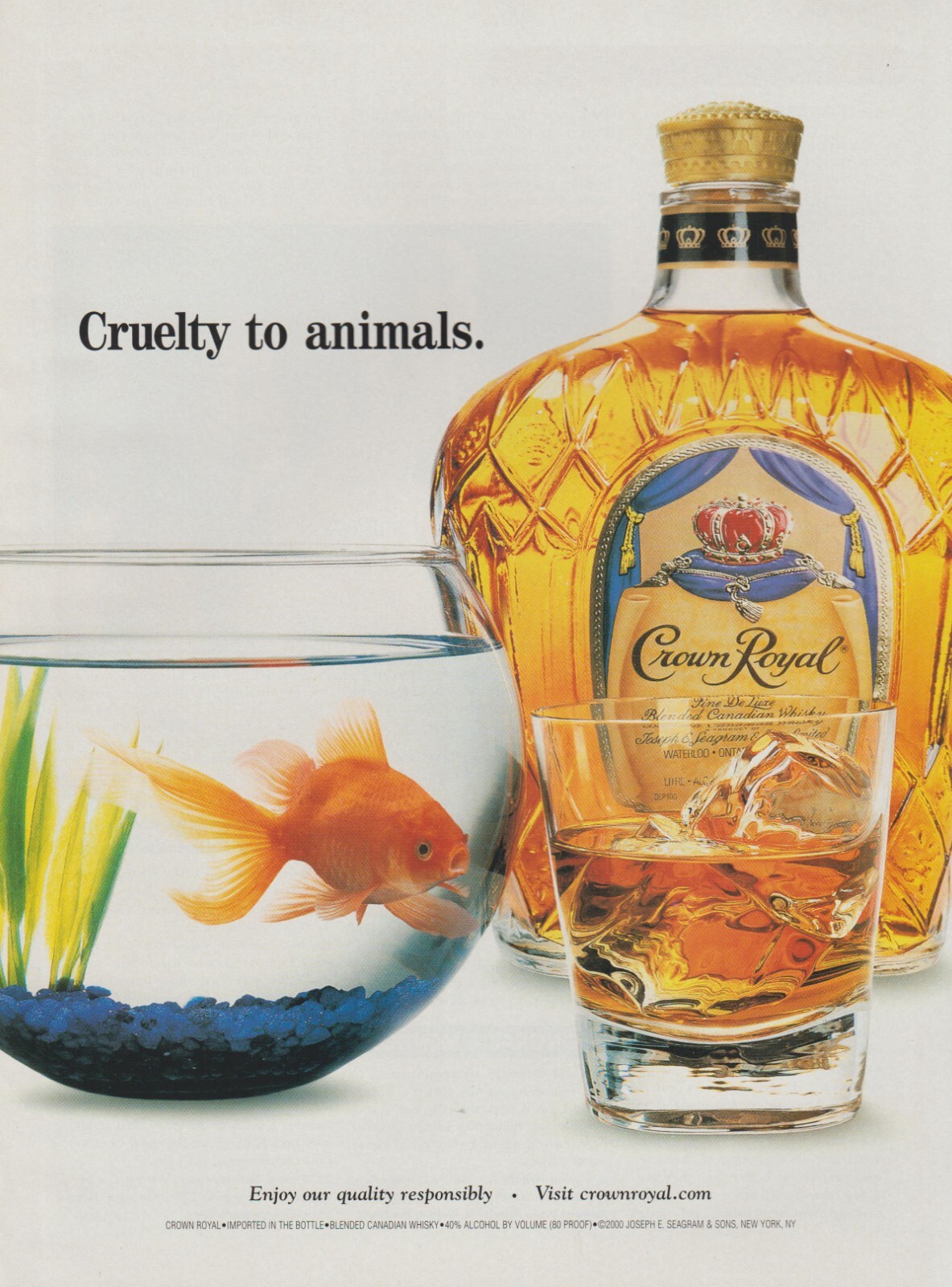2001 Crown Royal Whisky "Cruelty To Animals" Goldfish Fish Bowl Print