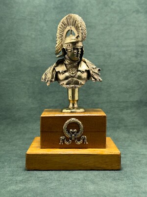 Art Deco Roman Empire Centurion Bust  Cast Bronze figurine base Oak wood
