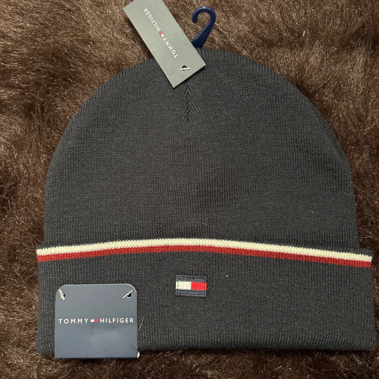 Men’s Tommy Hilfiger Fleece Hat Beanie Black Logo NWT One Size
