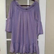 Win Win Woman’s Purple Crochet Neckline Bell Sleeve Tunic Size L/XL Stretch