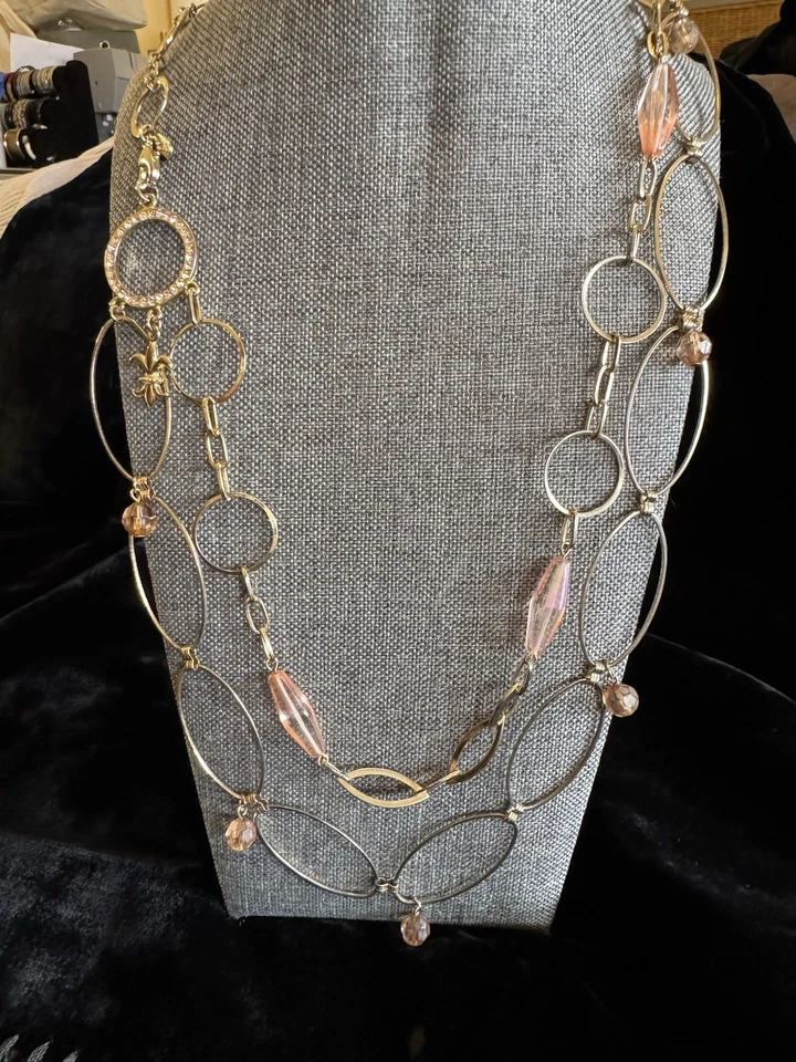 Collar Cookie Lee Doble Hilo Rosa Cuentas Tono Dorado Capas Largo Círculo Ovalado Foto 3 de 4