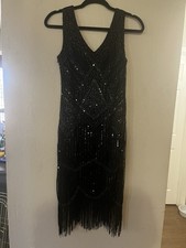   Black Sequin Flapper Dress Small S Gatsby Art Deco 1920s Speakeasy Fringe Beads