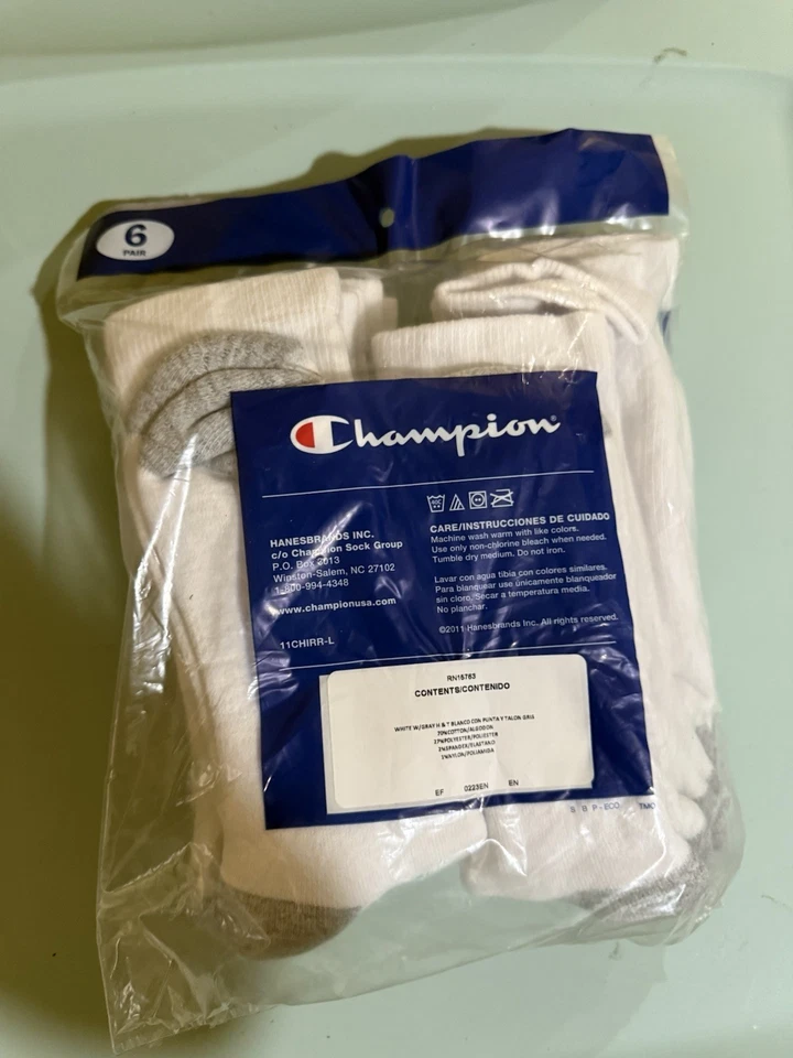 Calcetines Champion para hombre de tripulación media, paquete de 6, blancos, soporte para el arco, acolchados, talla 6-12 Foto 2 de 2
