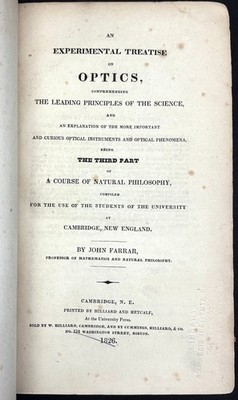 John Farrar / Experimental Treatise on Optics Comprehending the Leading 1st 1826