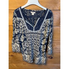 Lucky Brand Navy Blue Cream Paisley Print V Neck Lace Trim Tunic Top Large Chic