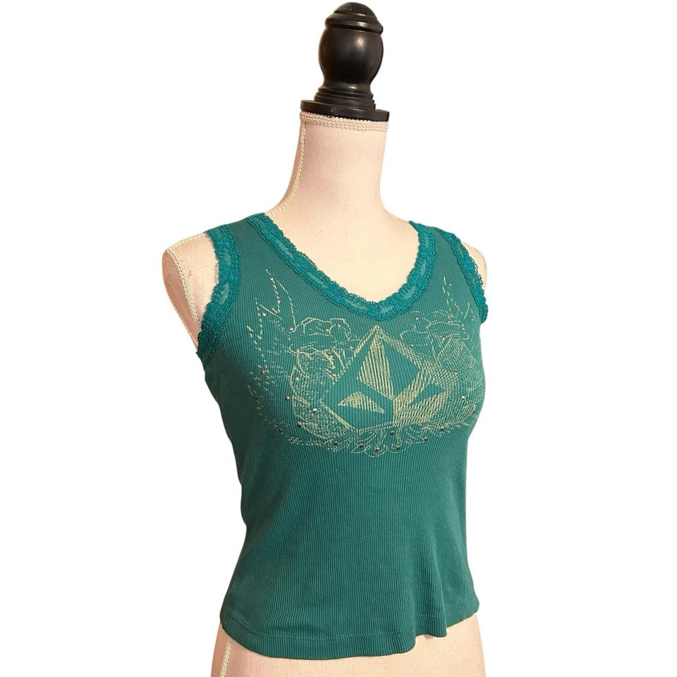 Vintage Volcom Womens Y2K Lace Trim Ribbed Tank Studded  Size S Green 90s - Image 4 of 4