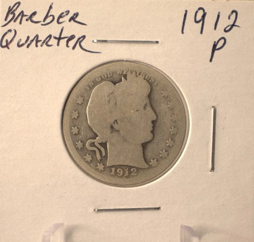 1912 P Barber Quarter - U.S. 25 cents silver coin in circulated condition