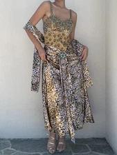 Y2K Vintage Aspeed USA Leopard Print Turquoise Accent Beaded A Line Gown