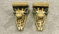 2001 STONE BUNNY SIGNED TELLE M. STEIN RESIN GIRAFFE'S HEADS X2 WALL SHELVES