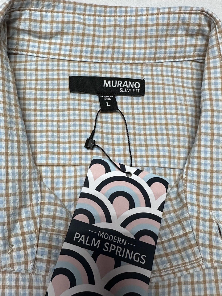 Murano Palm Springs 男式衬衫修身大号短袖棉质按扣蓝色米色 — 第 4/4 张图片