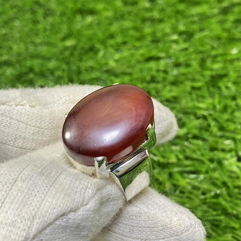 Anillo Yemení Aqeeq para Hombre, Anillo de Cornalina con Plata de Ley 925 Ágata Natural Foto 2 de 4