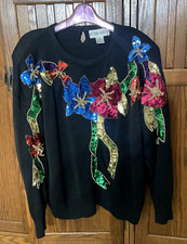 Vintage 80s Victoria Harbour Black Sweater Floral Beaded Sequin Size Large