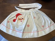 1950's Handmade White Christmas Santa Pocket Embroidered Rhinestones Half Apron