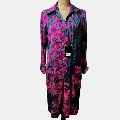 Diane von Furstenberg Silk Collared Shirt Dress SZ 8 Pink Green Fern Print
