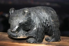Wooden Grizzle Bear with Fish Hand Carved Solid Wood Schwarzwald Black Forest  S