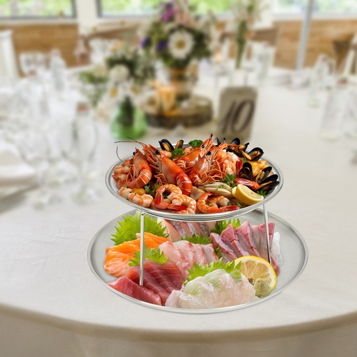 2-Tier Food Serving Riser Seafood Plate Round Plate Rack Silver Tray Stand NEW