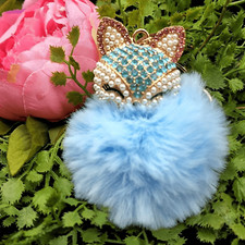Kitty Cat Pom Pom Keychain Rhinestones Faux Fur Purse Charm 6" Lt Blue Crystal