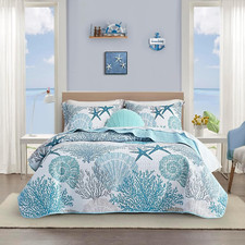 Coastal King Quilt Set - Reversible Microfiber Beach Bedding with Shams