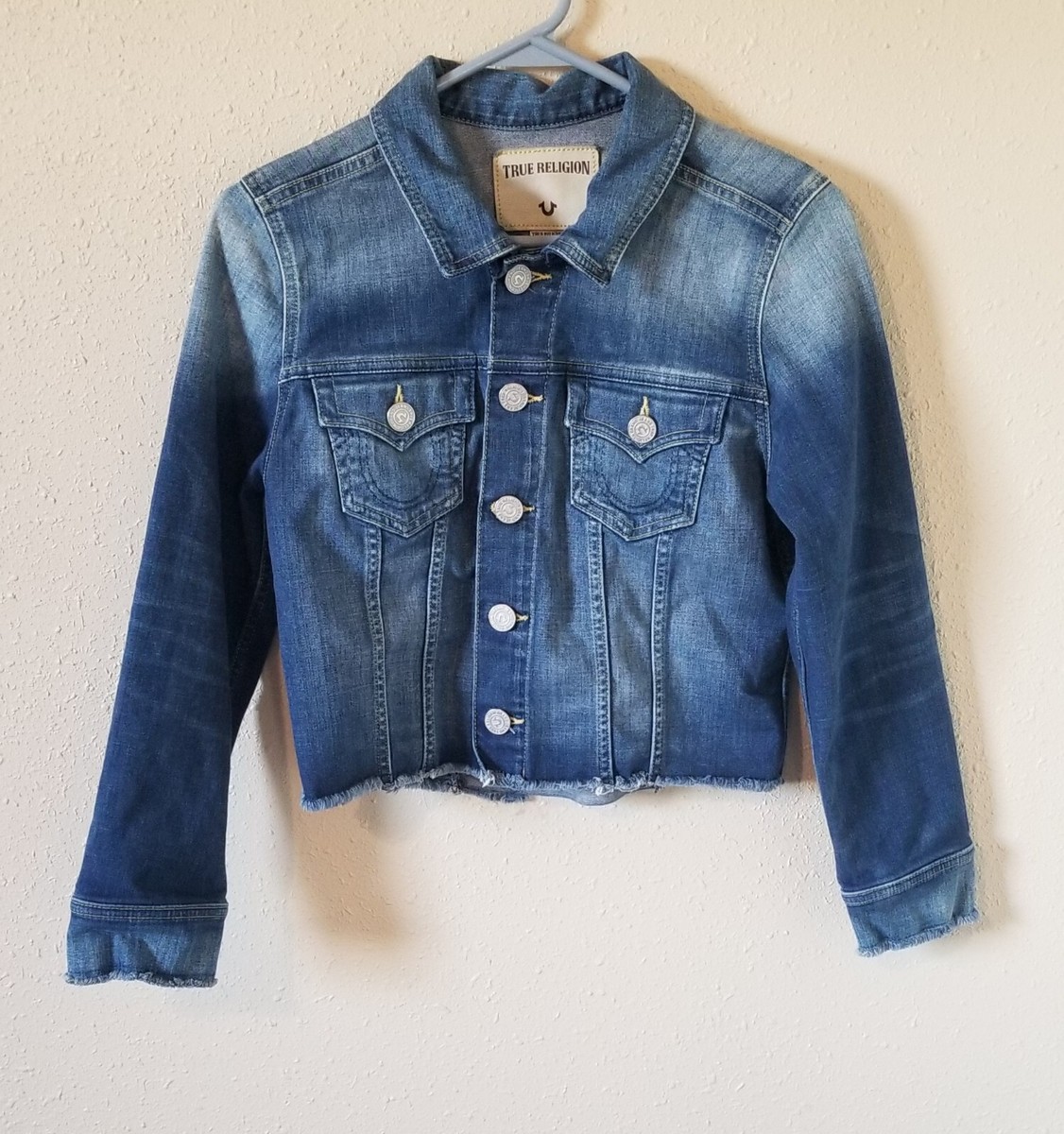 True Religion Dari Denim Jacket Womens Sz M Stretch Raw Hem