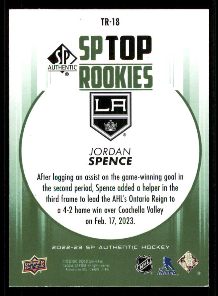 2022-23 SP Authentic Top Rookies Green #TR18 Jordan Spence - Image 2 of 2