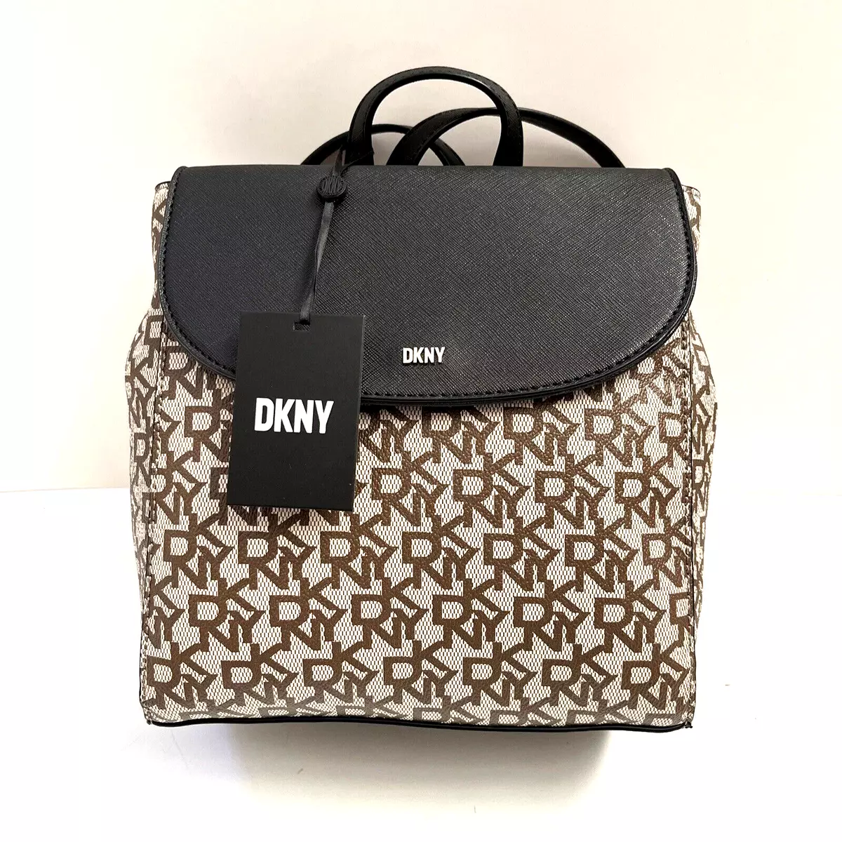 NWT Original DKNY Bryant Signature Backpack Bag Flap Closure Logo Pattern  beige