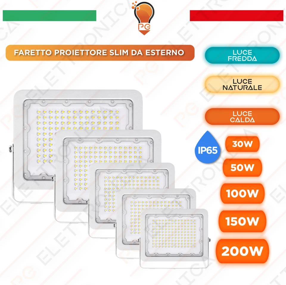 FARO LED DA ESTERNO FARETTO PROFESSIONALE 30W 50W 100W 150W 200W Watt SLIM IP65