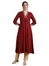 Maroon Kurta Women Indian Kurti Calf Length Dress Tunic
