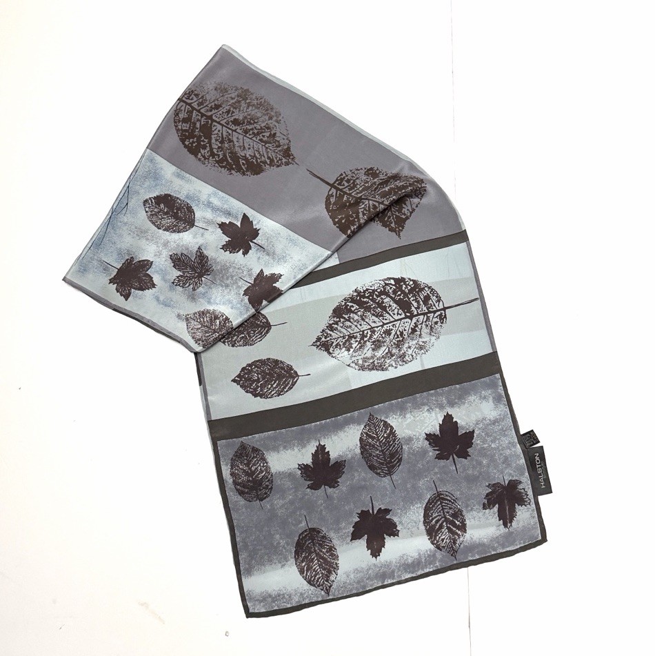 Halston Gray Silk Rectangle Scarf Tree Leaves Pri… - image 4