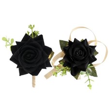 Black Wrist Corsage And Men Boutonniere Set Artificial Silk Rose Flowers Wedding