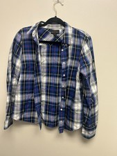 Wms J Crew Blue Plaid Button Front Shirt Sz 10Soft 100% Cotton Med