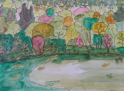 Aquarell.Atelier HADASSA.Teichlandschaftmit bunten  Bäumen.Vor der Natur gemalt.