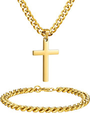 Stainless Steel Cross Necklace and Bracelet Set for Men, Cuban Link/Wheat/Figaro