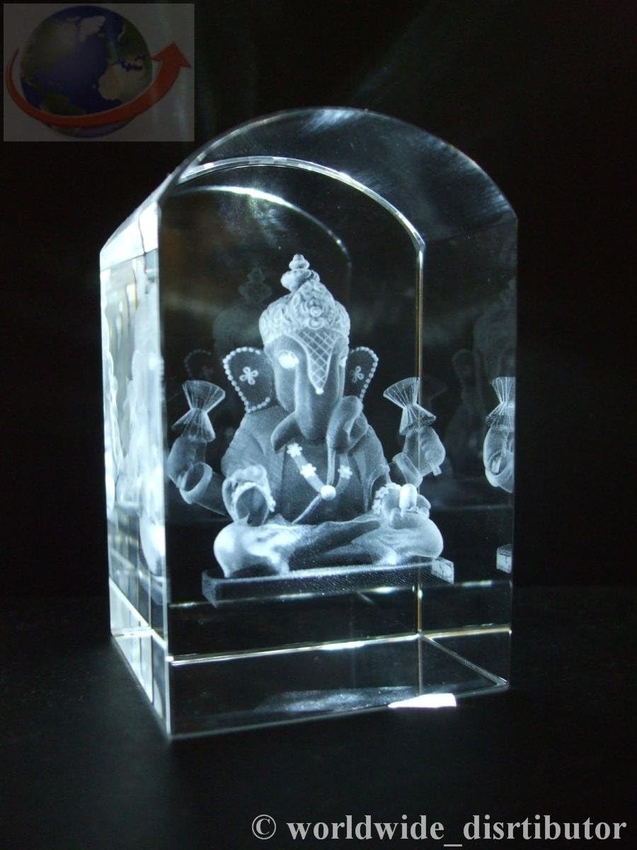 Crystal Images GANESH 3 Dimensional Paperweight H 8cm WITH FREE LED LIGHT BASE