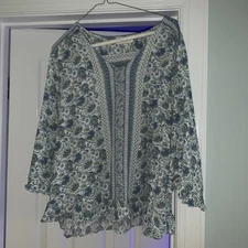 Cynthia Rowley Top Size 2X Blue White Green Blouse Boho 3/4 Sleeve Floral
