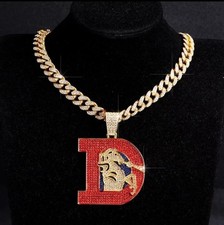 Throwback Classic Denver Broncos Gold Chain 24" Iced Out Pendant And Necklace